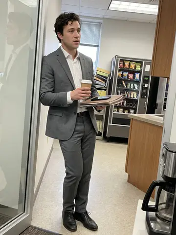 Nenad, AI character: the glass doorway of his downtown Milwaukee office kitchen during a short coffee break, folders and a…