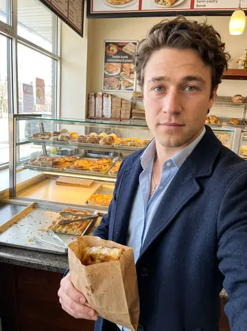 Nenad, AI character: inside a small Serbian bakery on Oklahoma Avenue just after opening, pastry trays and a paper bag of burek…