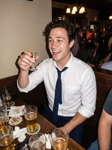Nenad, AI character: a crowded Milwaukee tavern after a wedding-toast planning dinner, dark wood booths and beer glasses on the…