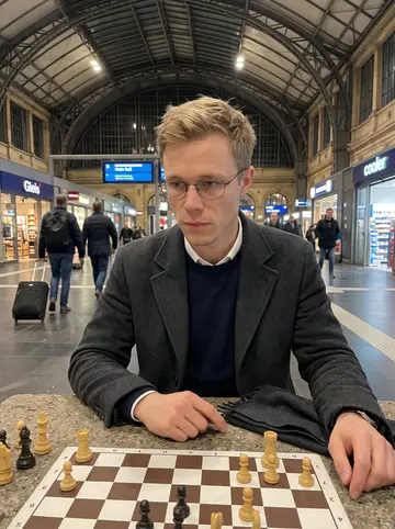 Matěj, AI character: a small chess table in the main hall of Frankfurt Hauptbahnhof on a winter evening, with commuters moving…