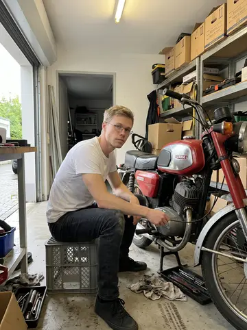 Matěj, AI character: a shared apartment garage in Frankfurt after rain, phone propped low on a workbench beside a worn 1980s…