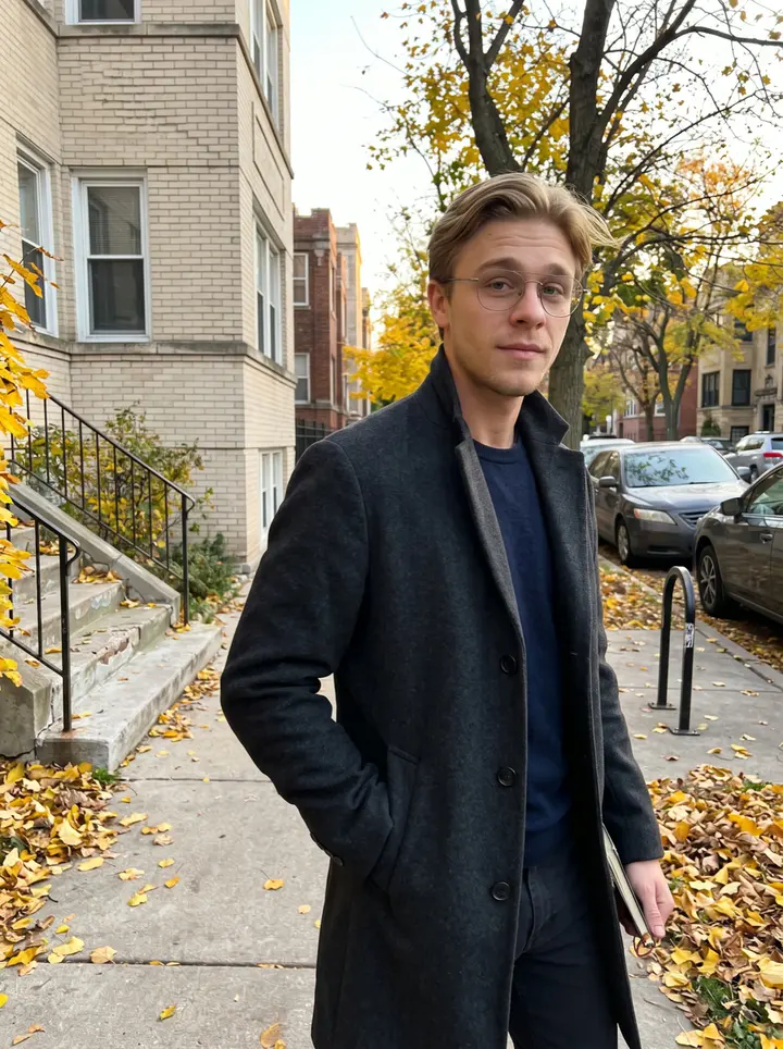 Ilya, AI character: a quiet Ukrainian Village side street in Chicago, brick apartment buildings and yellow leaves behind him