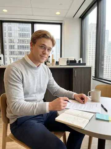 Ilya, AI character: the quiet coffee corner of his venture fund office before the first meeting, glass windows looking over…