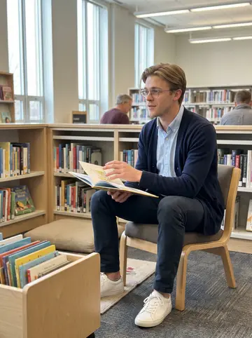 Ilya, AI character: children's reading room at the public library during Saturday story hour, low shelves and picture books…