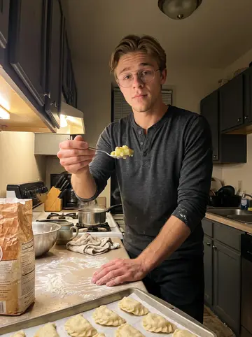 Ilya, AI character: his small Chicago apartment kitchen, flour on the counter and rows of folded varenyky on a sheet pan