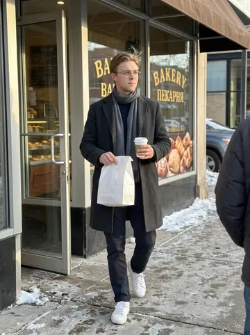 Ilya, AI character: outside a Ukrainian Village bakery on a clear cold Sunday morning, patches of old snow along the curb