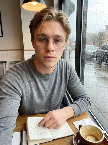 Ilya, AI character: a quiet cafe table near the window during a rainy afternoon, his worn pocket notebook open to tiny…