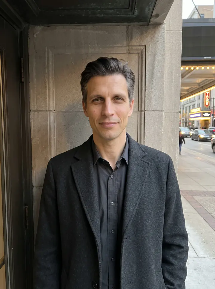 Leonid, AI character: downtown Cleveland near Playhouse Square after work, leaning against a stone building entrance with the…