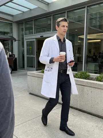 Leonid, AI character: hospital courtyard in Cleveland between appointments, glass doors and planter boxes behind him