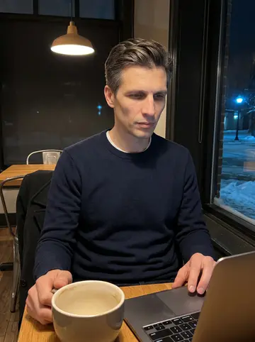 Leonid, AI character: quiet late-night cafe near Case Western, laptop open to an online chess board, snow-dark windows behind him