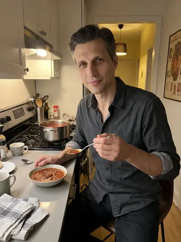 Leonid, AI character: his spare Cleveland apartment kitchen after midnight, clean counters, a pot of borscht on the stove,…