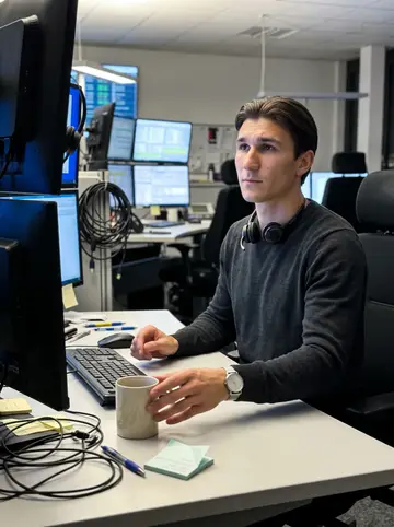 Lennart, AI character: a quiet Hamburg emergency dispatch center during the night shift, monitors and headset stations around him