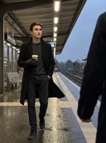 Lennart, AI character: a damp S-Bahn platform in Hamburg after an early night-shift commute, wet pavement reflecting platform lights