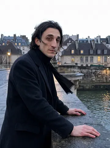 Anatole, AI character: Pont Marie over the Seine at blue hour in January, the lit windows of the Île Saint-Louis behind him, wet…