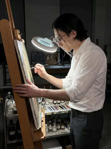 Anatole, AI character: the museum's paintings conservation room at night, a small Dutch still life on an easel, jars and tiny…
