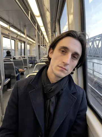 Anatole, AI character: an almost empty métro carriage on the elevated line crossing the Seine just before sunrise, river and…