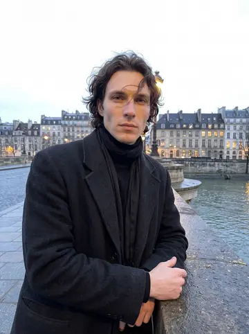 Lucien, AI character: Pont Marie over the Seine at blue hour in January, the lit windows of the Île Saint-Louis behind him, wet…