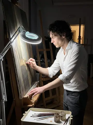 Lucien, AI character: the museum's paintings conservation room at night, a small Dutch still life on an easel, jars and tiny…