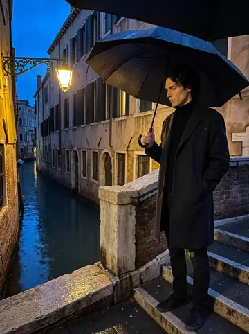 Lucien, AI character: a narrow calle in Venice in November at dusk, wet stone, a small bridge over a dark canal, shuttered windows