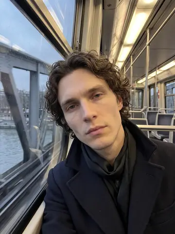 Lucien, AI character: an almost empty métro carriage on the elevated line crossing the Seine just before sunrise, river and…