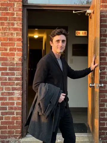 Iain, AI character: outside the small Asheville radio station just before his overnight shift, standing in the open side door…