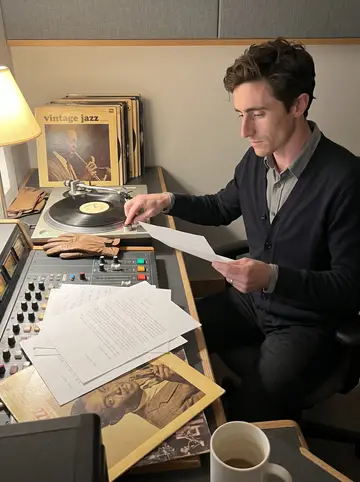 Iain, AI character: the overnight radio booth in Asheville, old jazz records stacked beside the console and listener letters…