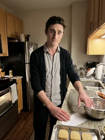Iain, AI character: his small Asheville apartment kitchen at 4 a