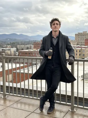 Iain, AI character: a rooftop in downtown Asheville after a spring rain, low mountains visible beyond the railing