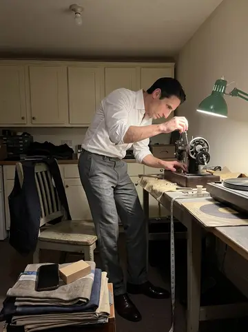 Mario, AI character: the back table of his shop at night, working on an antique black sewing machine with a turntable and old…
