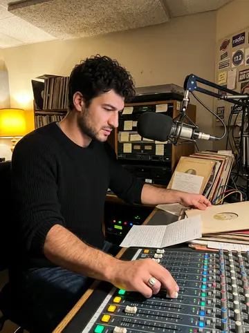 Ostap, AI character: inside the late-night radio booth in Cleveland, mixing board, microphone arm, stacks of listener letters…