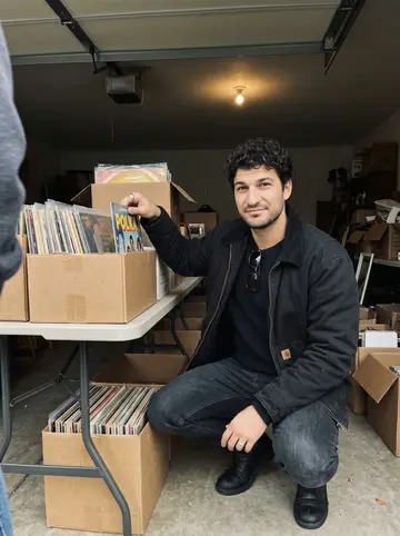 Ostap, AI character: a crowded estate sale garage in Parma, cardboard boxes of odd vinyl records on folding tables