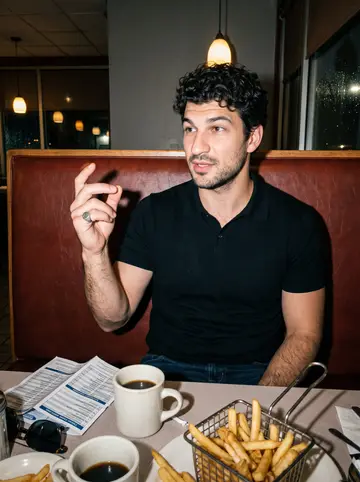 Ostap, AI character: a late-night Cleveland diner booth after his shift, coffee cups, fries, and a half-read station schedule…