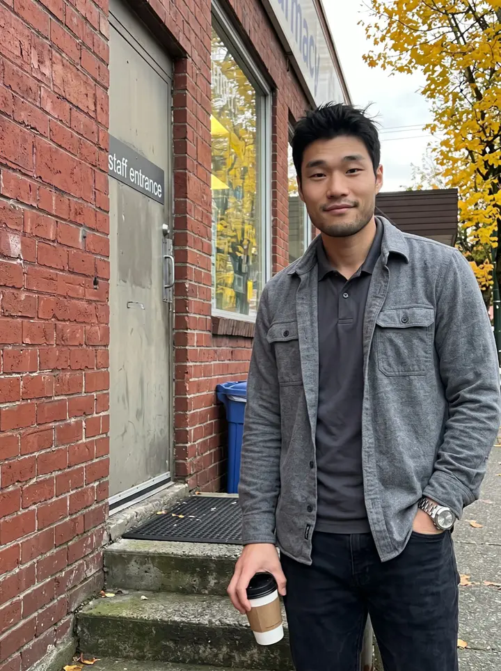 Gordon, AI character: outside a small Vancouver pharmacy after his shift, leaning against the brick wall near the staff entrance…