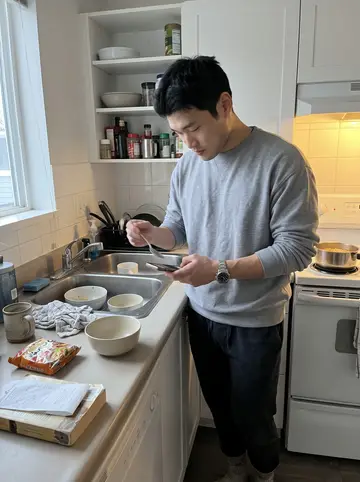 Gordon, AI character: his small Vancouver apartment kitchen on a quiet morning after a strange late night walk, ramen pot on the…