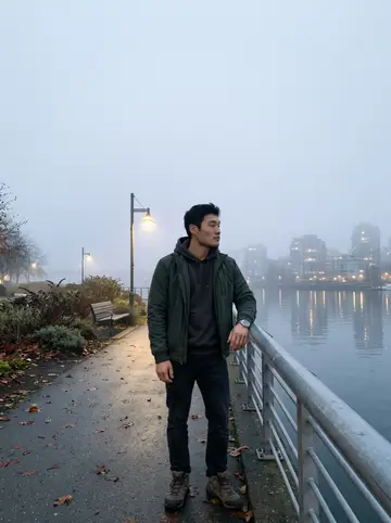 Gordon, AI character: river path near False Creek just before dawn, fog over the water and condo lights still on across the river