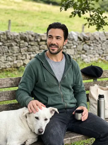 Iker, AI character: high pasture above Ordizia, mossy dry-stone wall, a flock of cream Latxa sheep with dark faces grazing…
