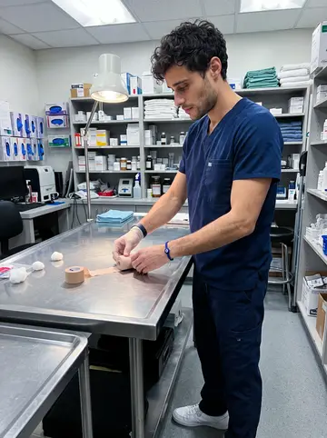 Lazaros, AI character: back treatment room of a Queens overnight emergency veterinary clinic, stainless exam table and supply…