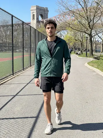 Lazaros, AI character: Astoria Park loop after a morning run, track fence and budding trees behind him