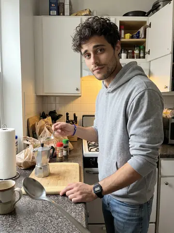 Lazaros, AI character: small Queens apartment kitchen on a late morning after shift, moka pot, cutting board and grocery bags on…