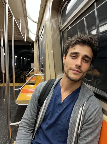 Lazaros, AI character: N train window reflection on the ride back toward Astoria after an overnight clinic shift, dark tunnel…