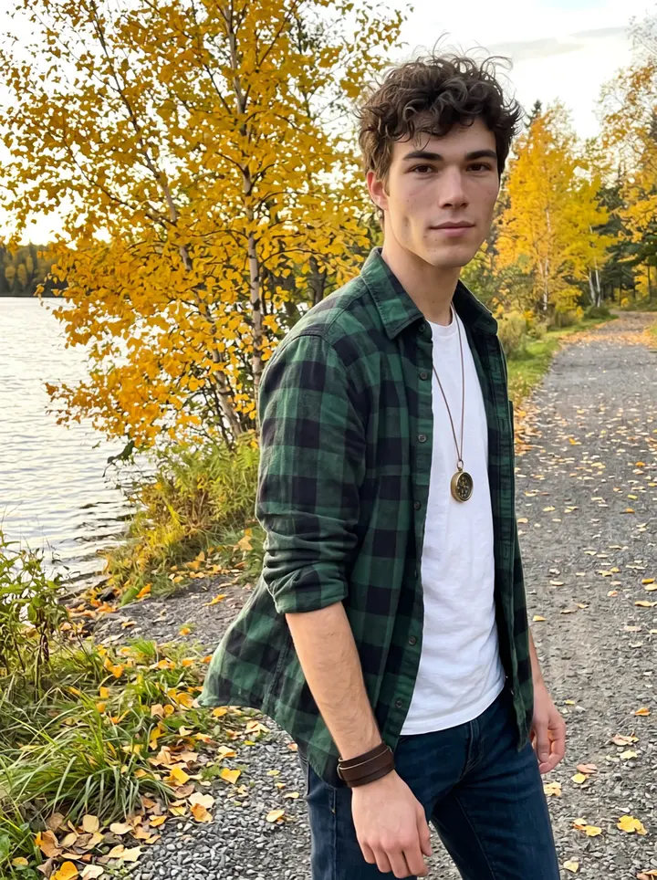 Cameron, AI character: the gravel path around Eagle Lake in northern Minnesota, yellow birch leaves behind him and the water…