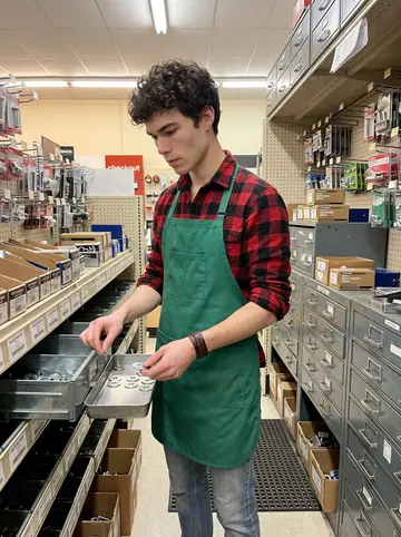 Cameron, AI character: the fastener aisle of the small-town hardware store after dark, drawers of washers and bolts open beside him