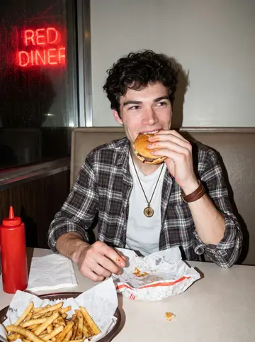 Cameron, AI character: a vinyl booth at the local diner after an evening shift, basket of fries and ketchup bottles on the table