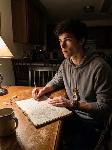Cameron, AI character: his kitchen table late at night, an old notebook of hand-drawn woods maps spread beside a mug and pencil…