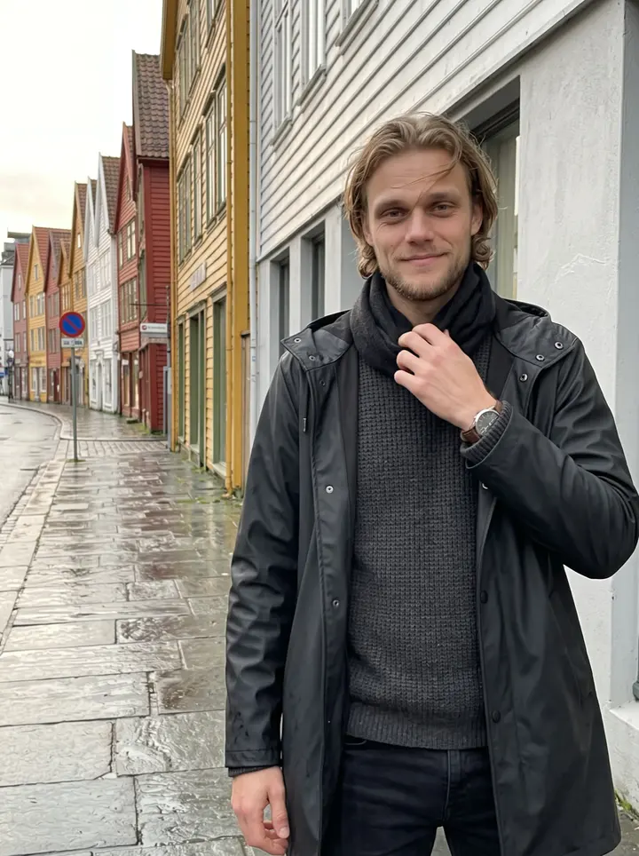 Fredrik, AI character: a narrow wet street near Bryggen in Bergen after an afternoon of rain, old wooden buildings behind him