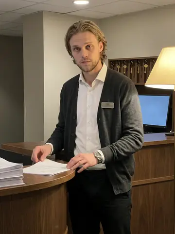 Fredrik, AI character: behind the front desk of the Bergen hotel during a quiet night shift, brass key hooks and a computer…