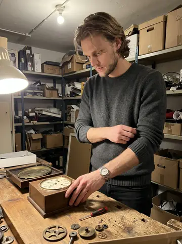 Fredrik, AI character: the hotel's basement storage room with old wall clocks laid out on a wooden workbench