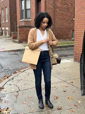 Brianna, AI character: outside a small brick hospice center in Detroit after a family photo delivery, wet leaves along the sidewalk