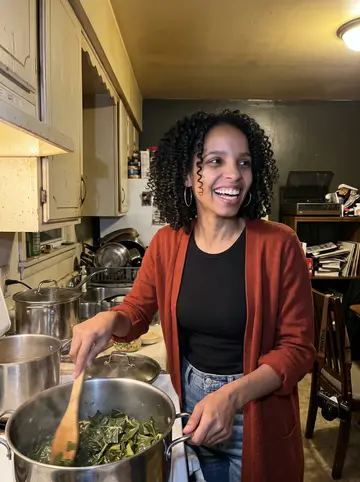 Brianna, AI character: her auntie's east-side Detroit kitchen during Sunday supper, pots on the stove and a record player shelf…
