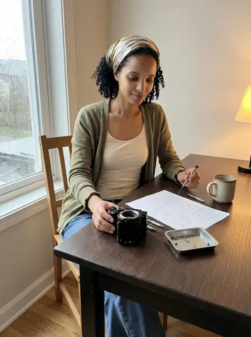 Brianna, AI character: her kitchen table on a rainy spring afternoon, broken film cameras, tiny screwdrivers, coffee mug, and…